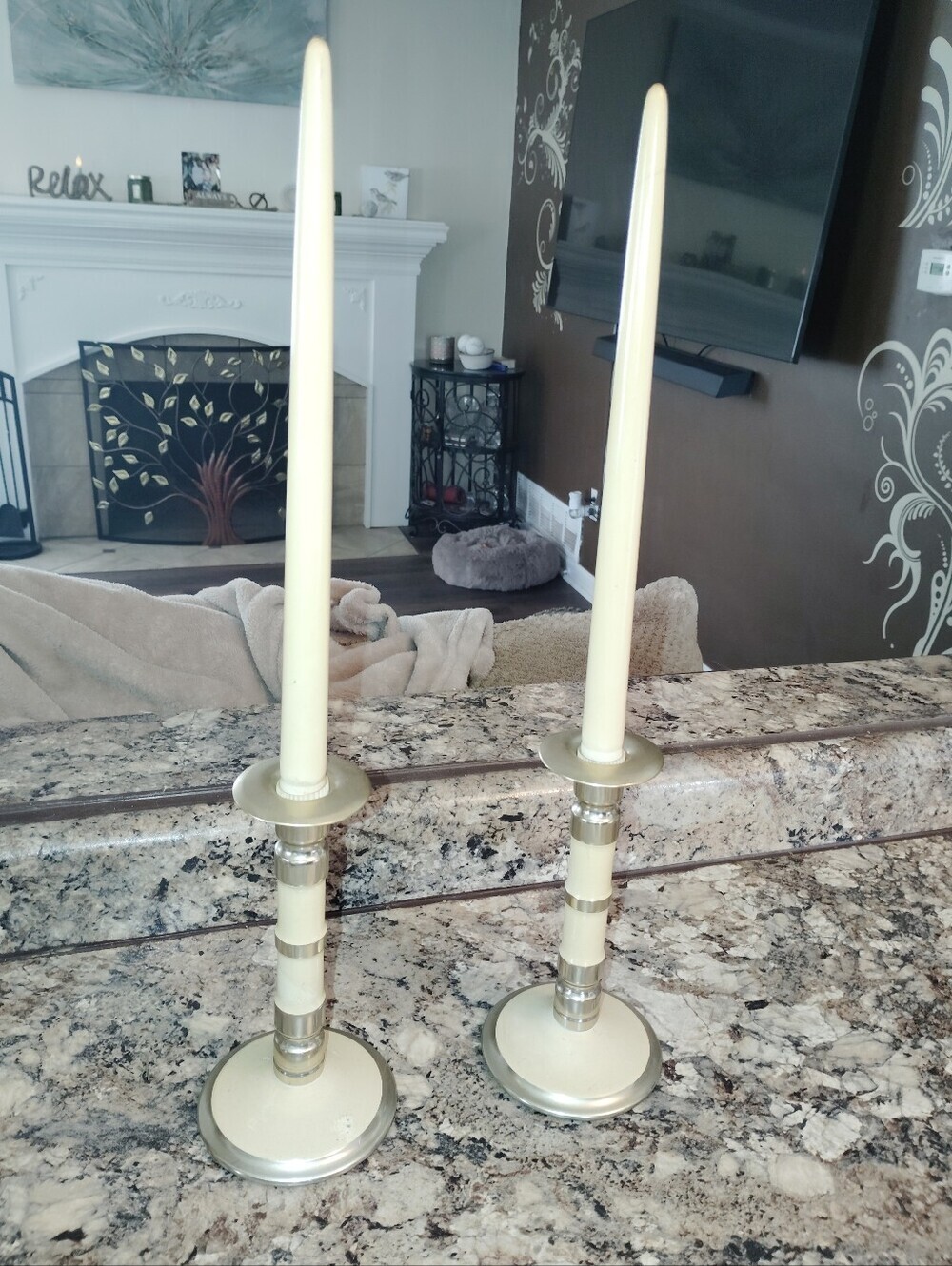 Unbranded Cream and Silver Taper Candle Holders - Set of 2